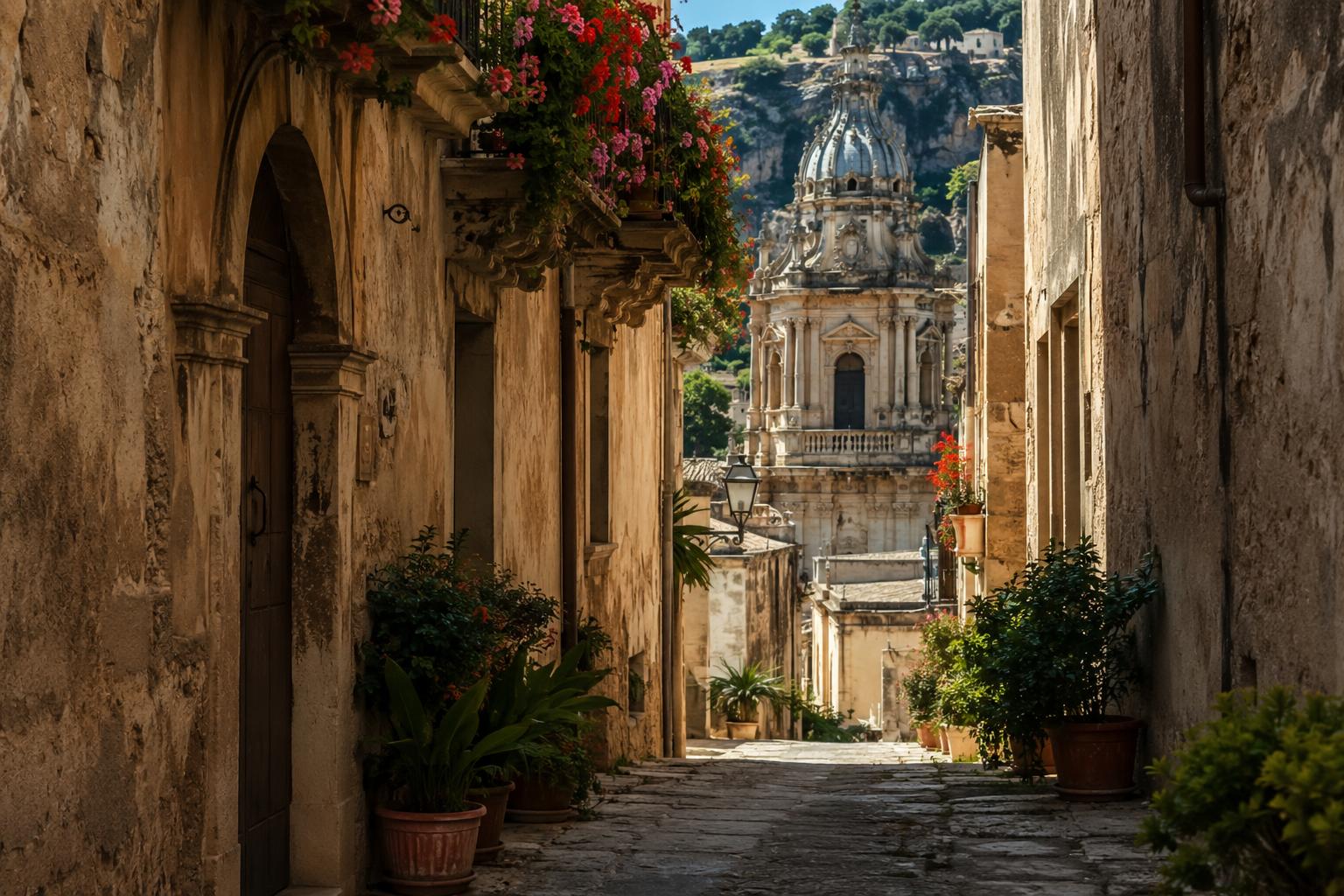 Scorcio caratteristico di un vicolo in pietra a Modica con giochi di luce e ombra ed elementi di architettura barocca.