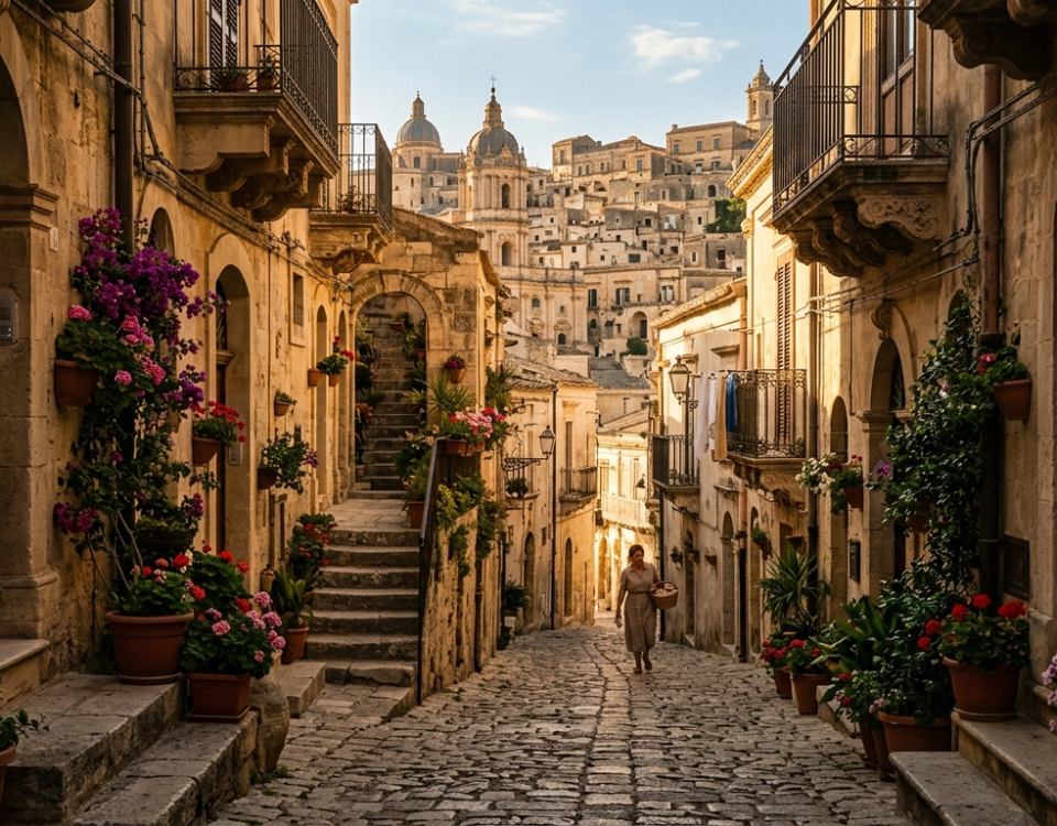 Scorcio caratteristico di Modica con prodotti tipici siciliani e dolci artigianali su un tavolo in legno.