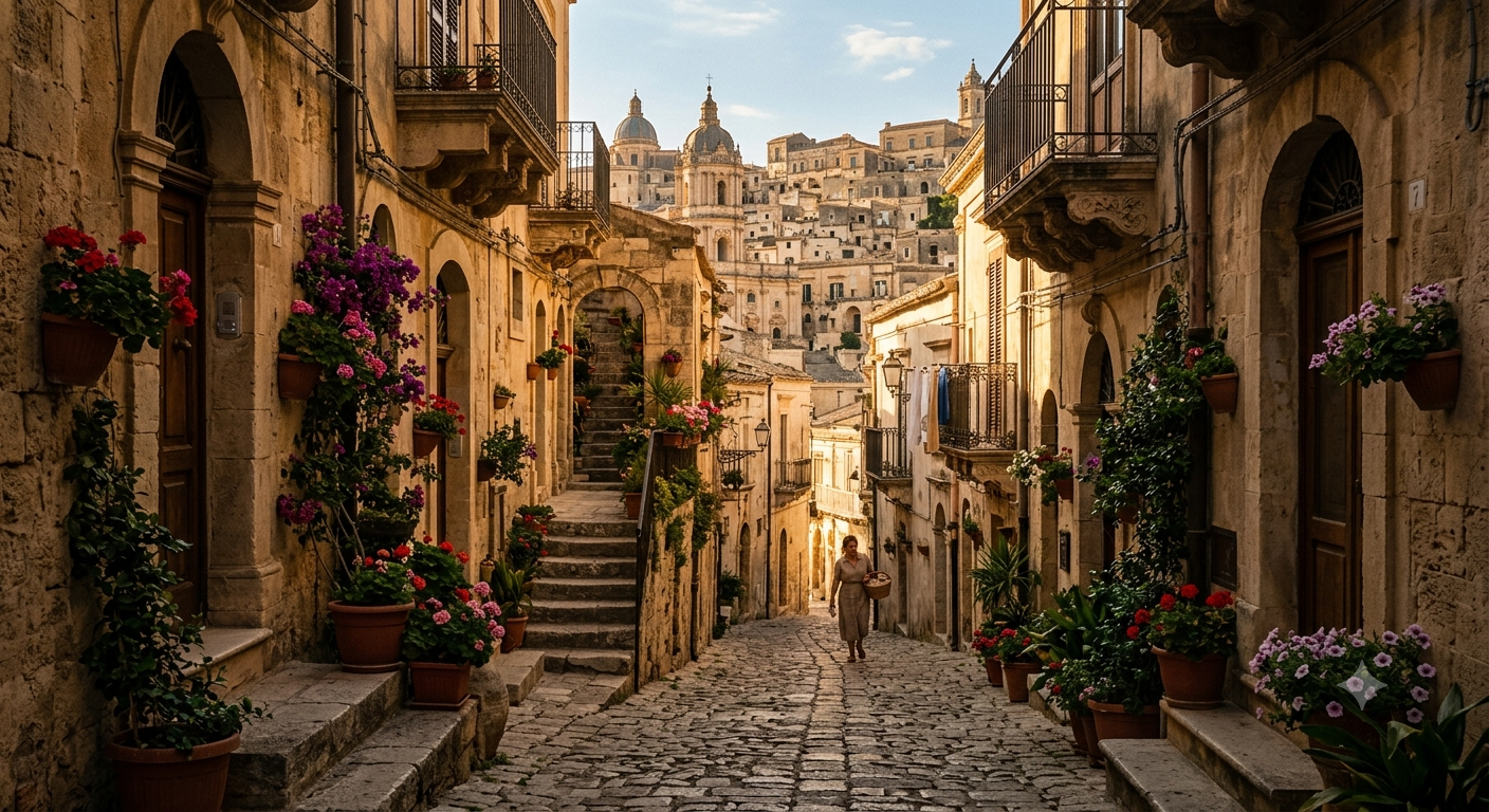 Scorcio caratteristico di Modica con prodotti tipici siciliani e dolci artigianali su un tavolo in legno.