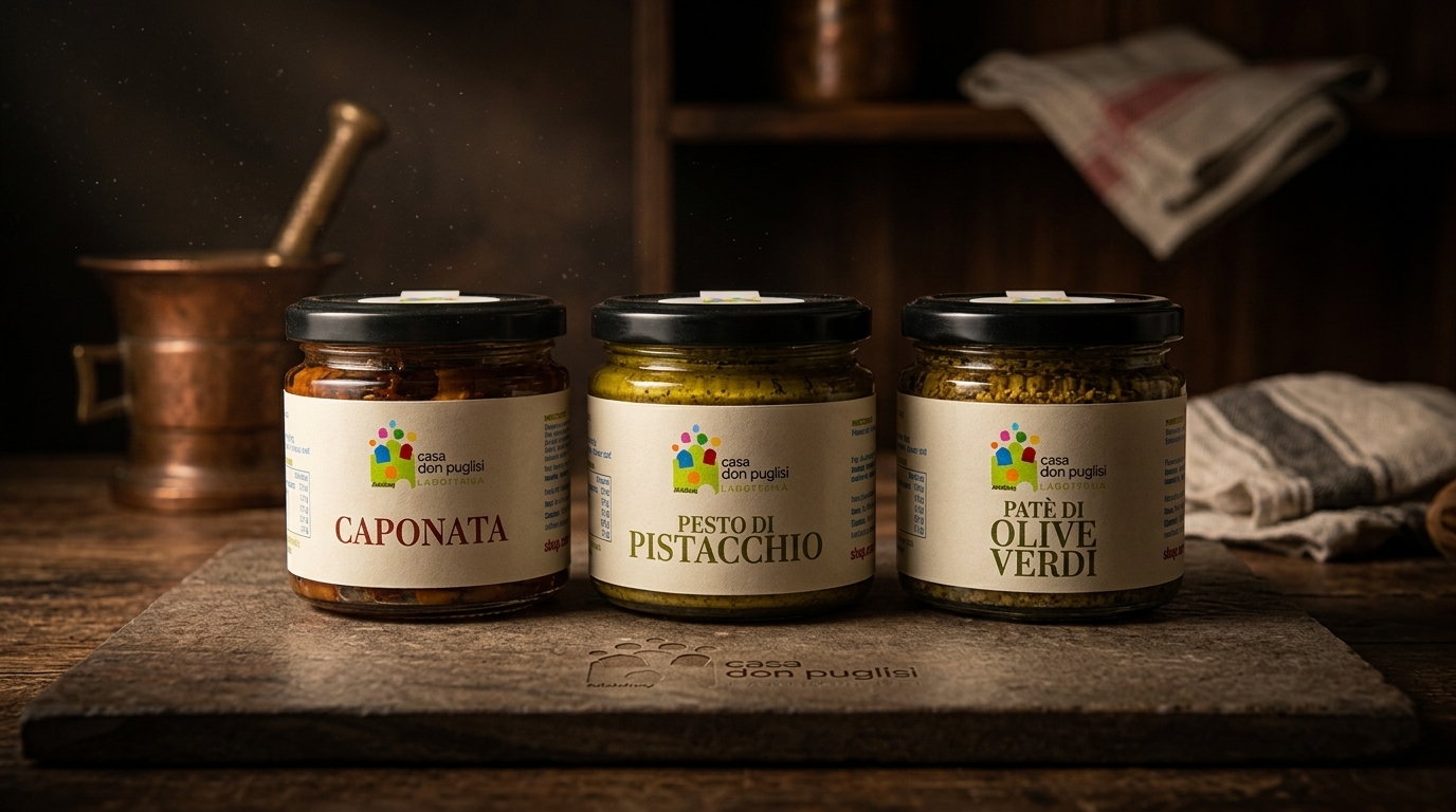 Tradizioni siciliane, caponata, pesto e patè di olive